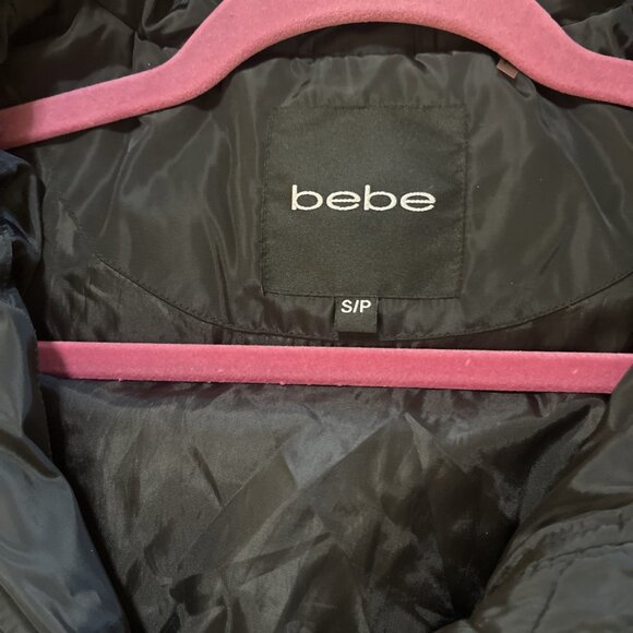 Y2K Bebe size S/P black cropped puffer jacket missing fur Rhinestone logo - Picture 12 of 15